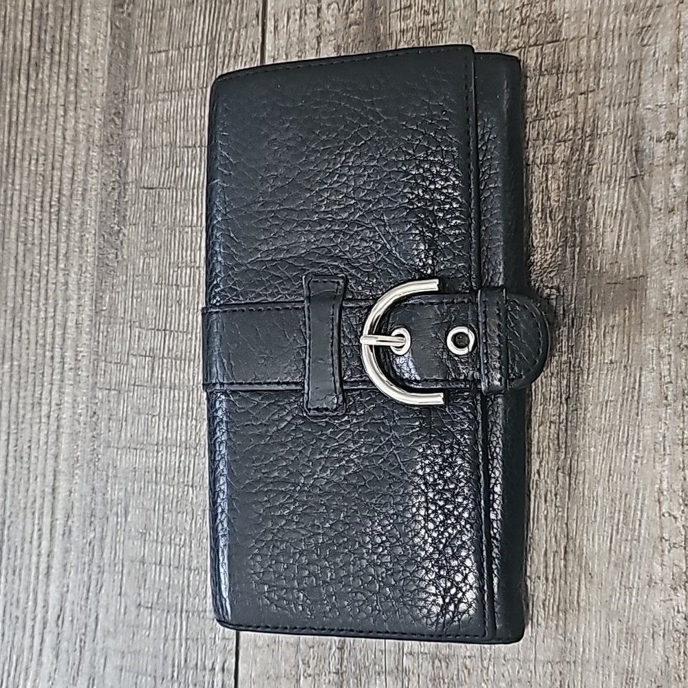 Talbots Black Pebbled Leather Accordion Clutch Buckle Accent Wallet